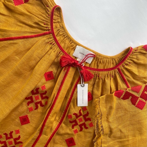 Sleeping Gypsy Anthropologie NWT Women’s Linen Provence Blouse in Ocher Large - Picture 1 of 9
